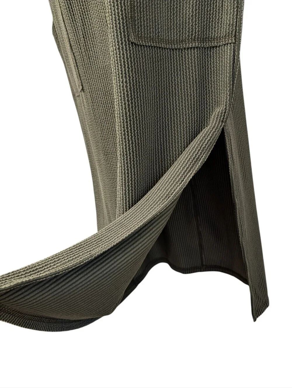 Seetaa Olive Green Ribbed Knit Midi Dress Large Pockets Side Slits Collared NWT - Picture 4 of 9